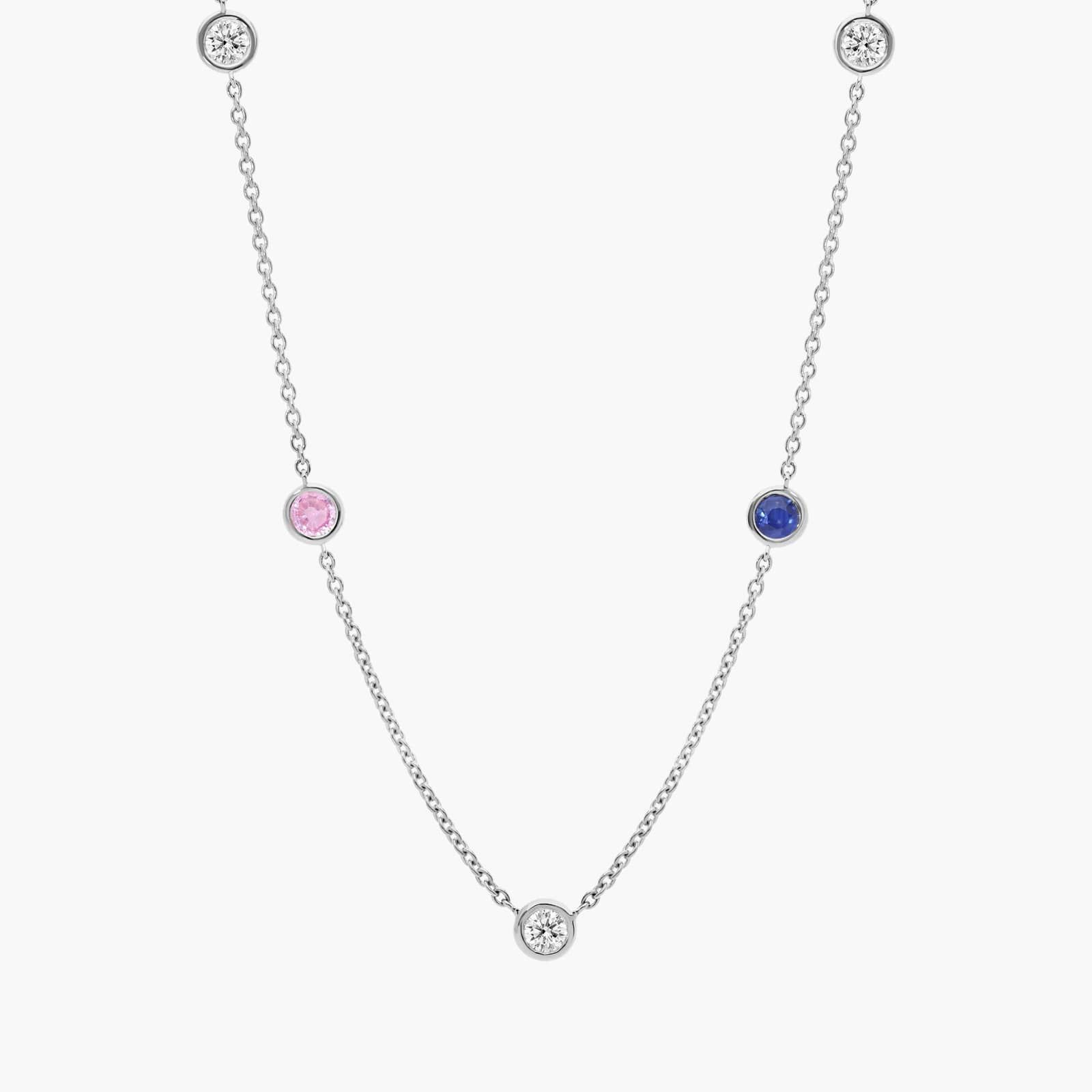 Personalized Round Cut Two Birthstone Station Necklace With Lab-Grown Diamonds In 14K White Gold