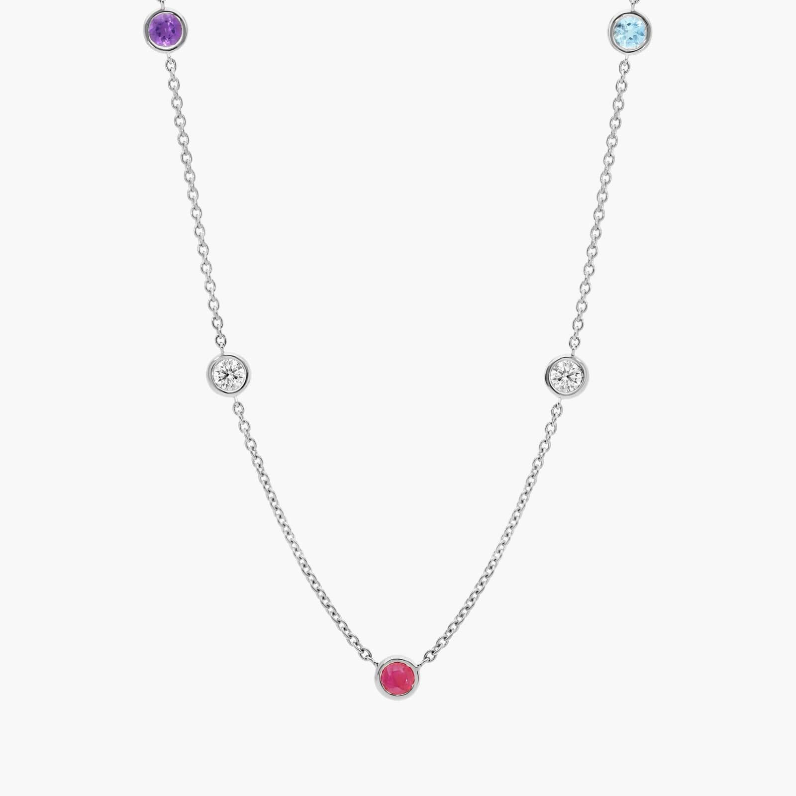 Personalized Round Cut Three Birthstone Station Necklace With Lab-Grown Diamonds In 14K White Gold