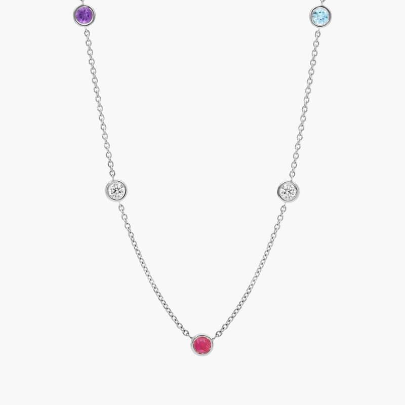 Personalized Round Cut Three Birthstone Station Necklace With Lab-Grown Diamonds In 14K White Gold