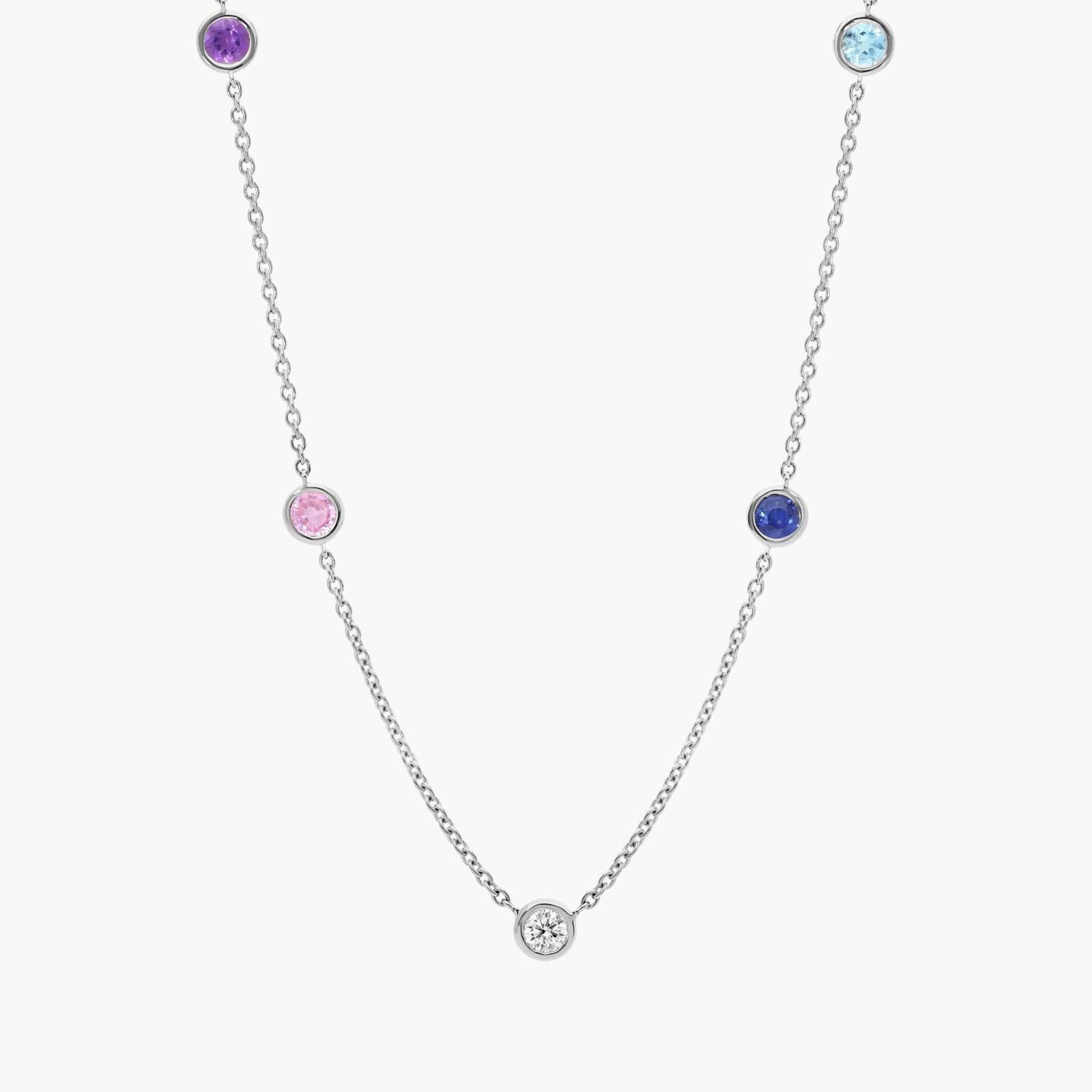 Personalized Round Cut Four Birthstone Station Necklace With Lab-Grown Diamonds In 14K White Gold