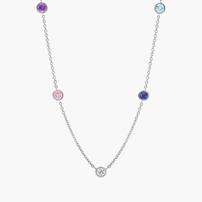 Personalized Round Cut Four Birthstone Station Necklace With Lab-Grown Diamonds In 14K White Gold