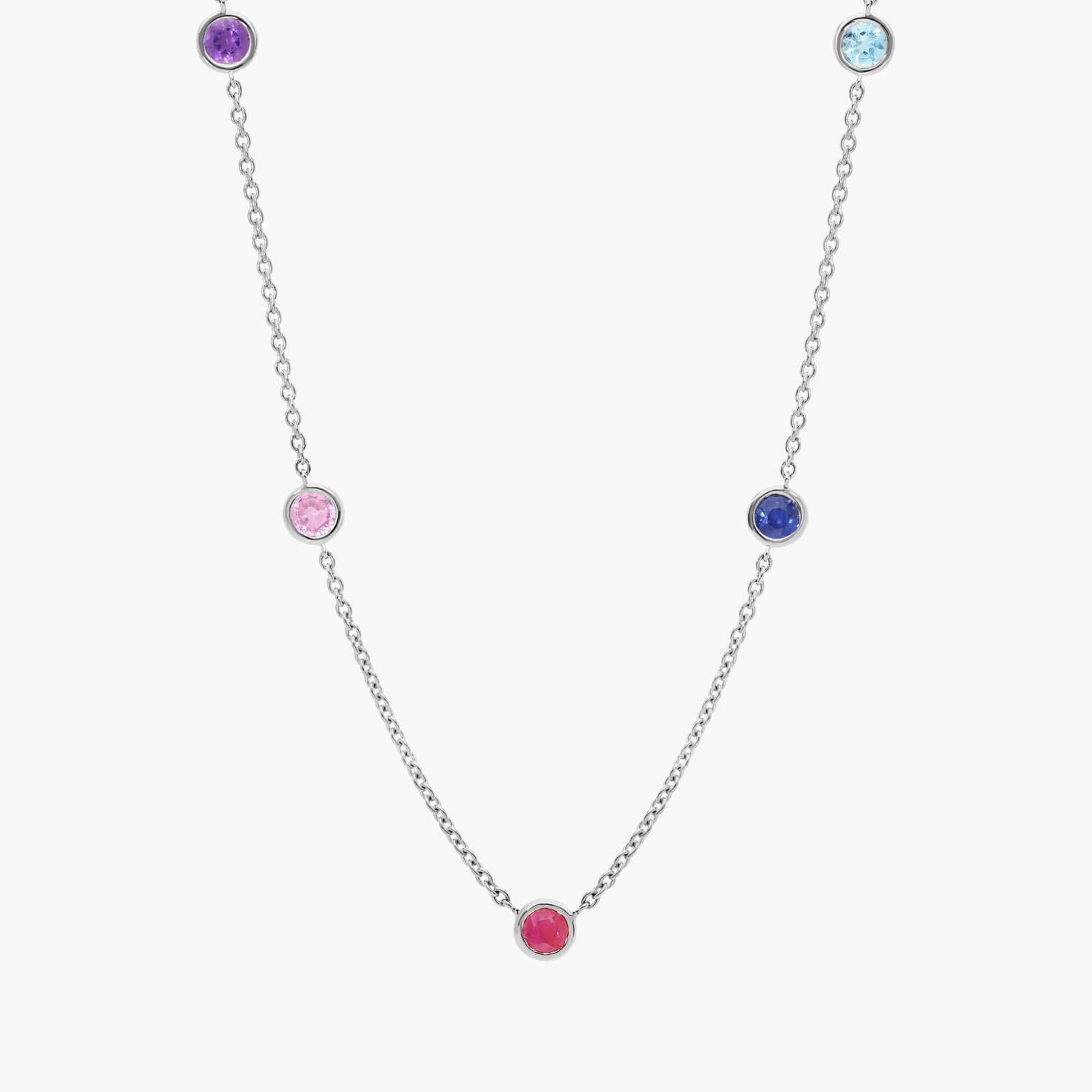 Personalized Round Cut Five Birthstone Station Necklace With Lab-Grown Diamonds In 14K White Gold