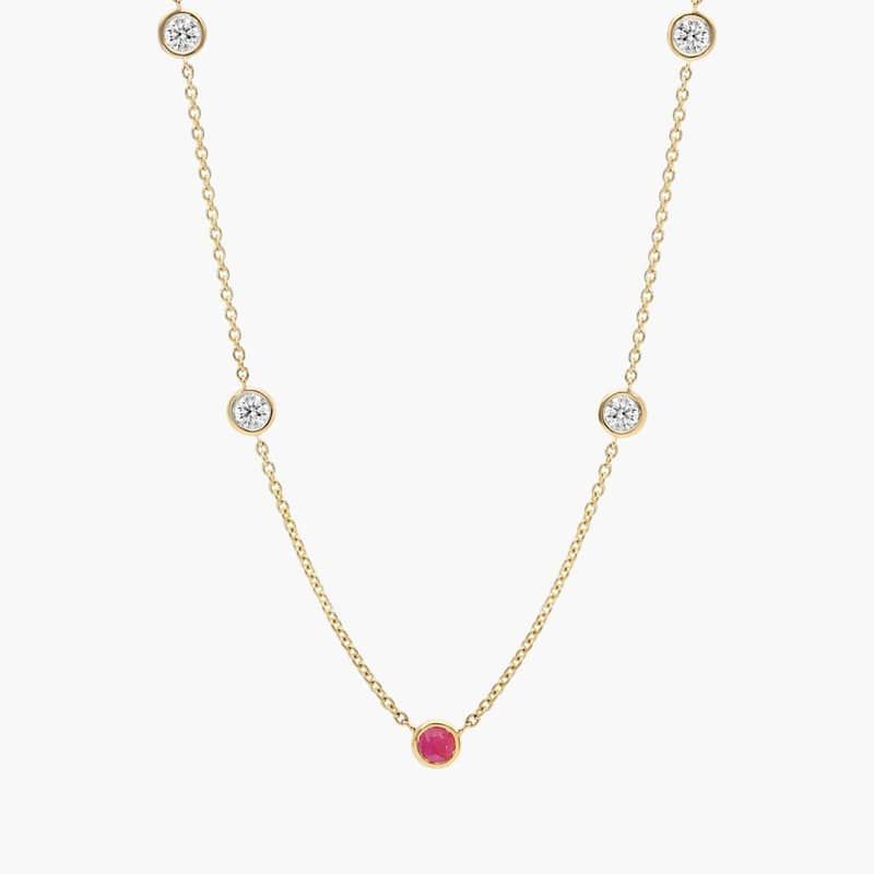 Personalized Round Cut Single Birthstone Station Necklace With Lab-Grown Diamonds In 14K Yellow Gold