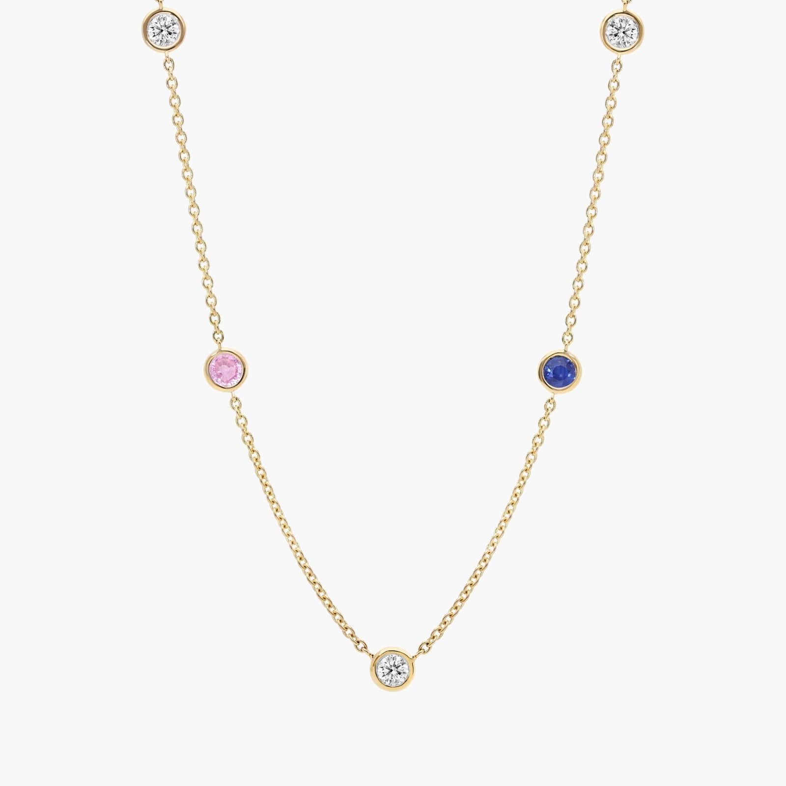 Personalized Round Cut Two Birthstone Station Necklace With Lab-Grown Diamonds In 14K Yellow Gold