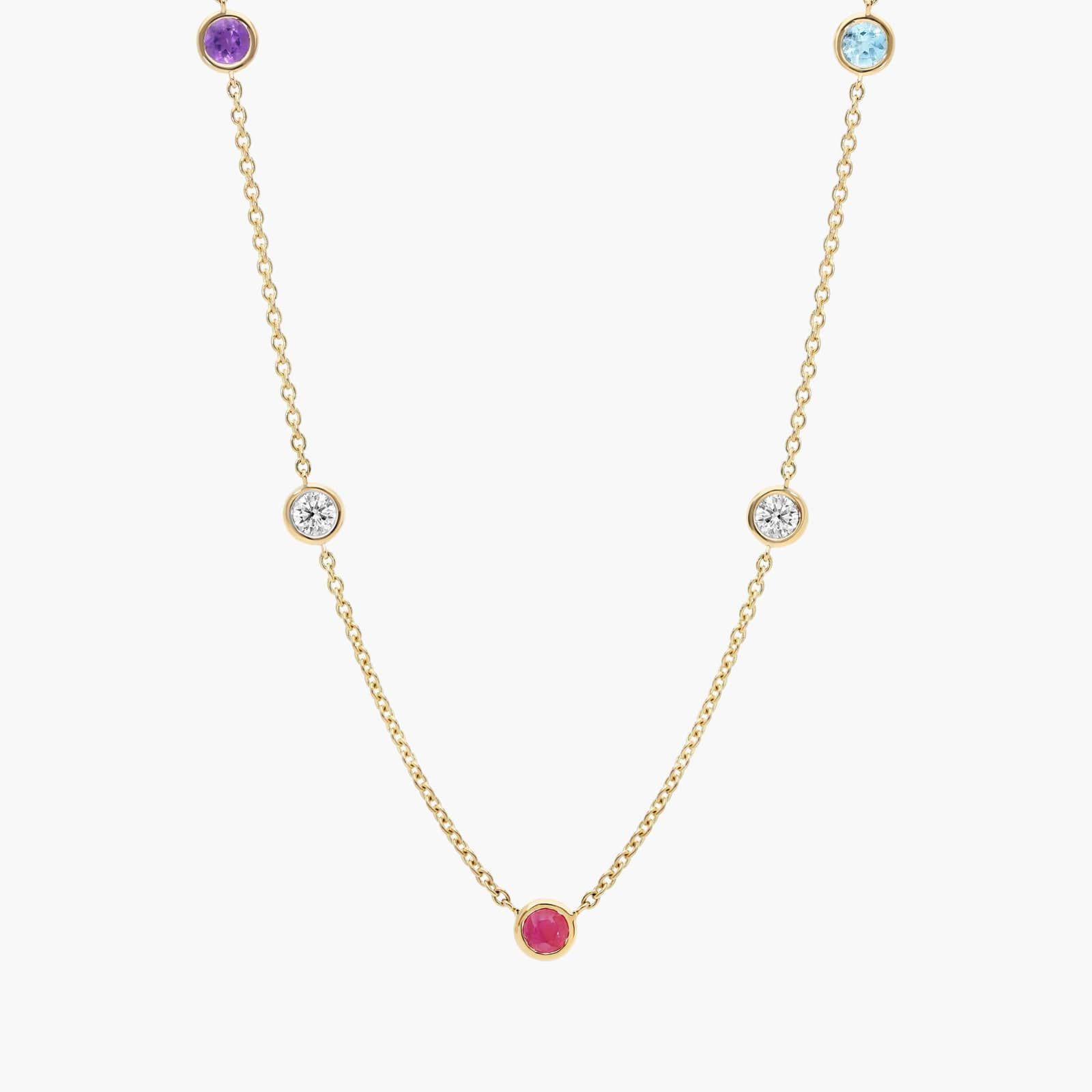 Personalized Round Cut Three Birthstone Station Necklace With Lab-Grown Diamonds In 14K Yellow Gold