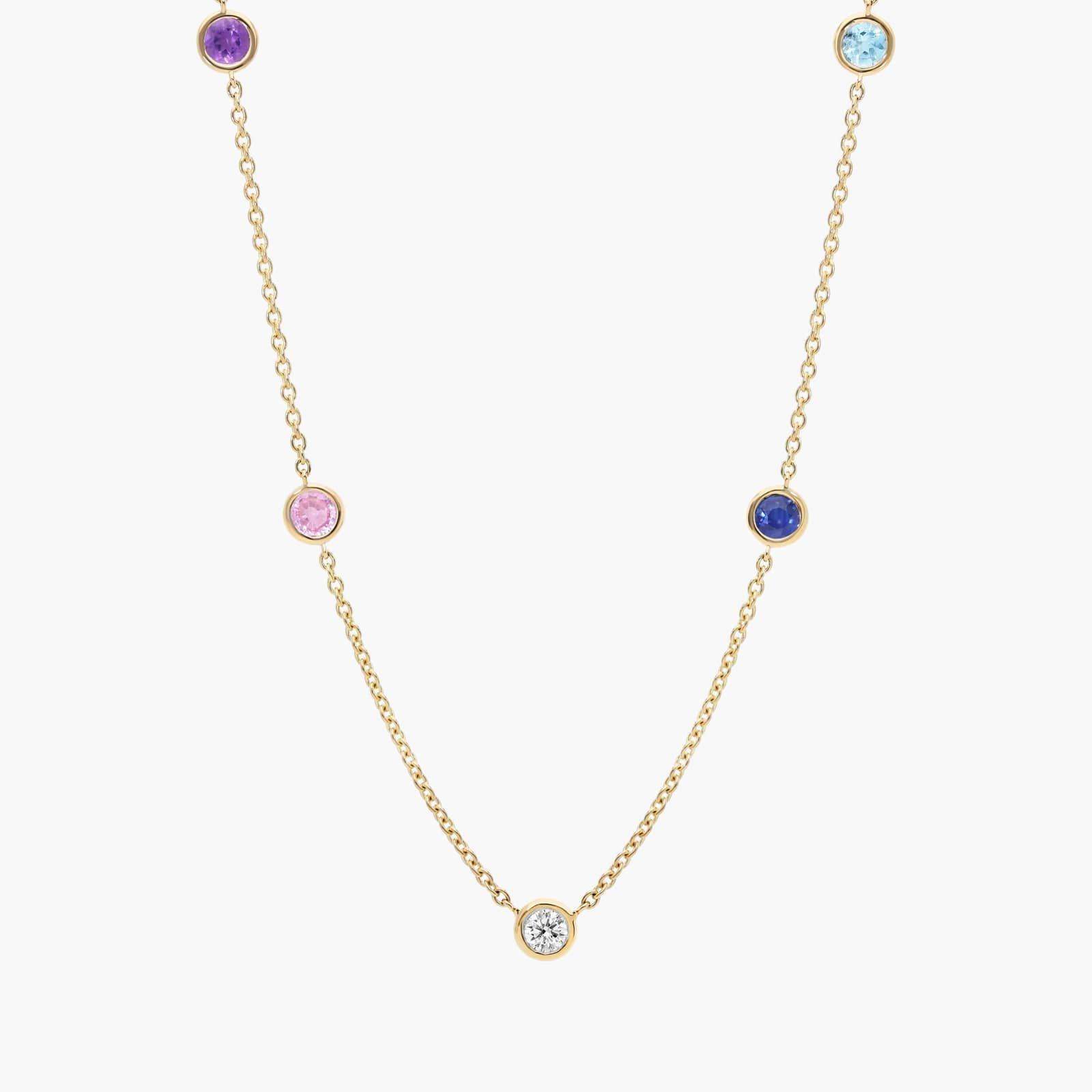 Personalized Round Cut Four Birthstone Station Necklace With Lab-Grown Diamonds In 14K Yellow Gold