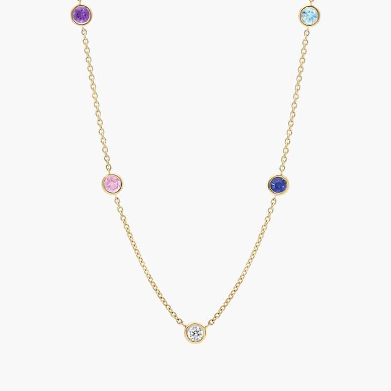 Personalized Round Cut Four Birthstone Station Necklace With Lab-Grown Diamonds In 14K Yellow Gold