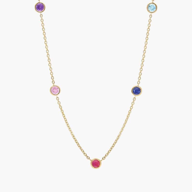 Personalized Round Cut Five Birthstone Station Necklace With Lab-Grown Diamonds In 14K Yellow Gold