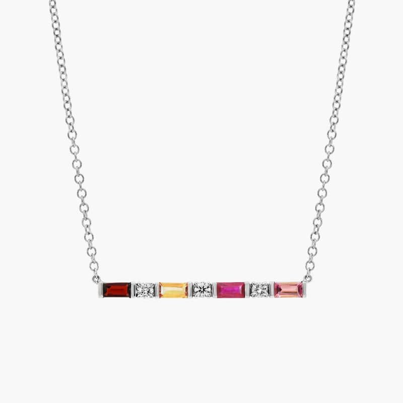Personalized Baguette Cut Four Birthstone Bar Necklace With Lab-Grown Diamonds In 14K White Gold