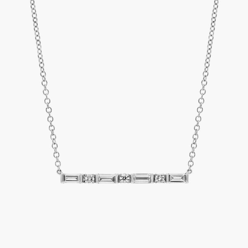 Diamond Bar Necklace With 0.75 CTW Round And Baguette Cut Lab-Grown Diamonds in 14K White Gold