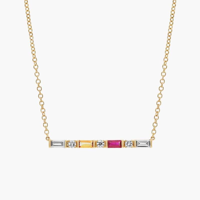 Personalized Baguette Cut Two Birthstone Bar Necklace With Lab-Grown Diamonds In 14K Yellow Gold