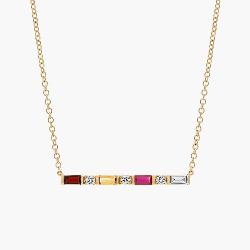 Personalized Baguette Cut Three Birthstone Bar Necklace With Lab-Grown Diamonds In 14K Yellow Gold