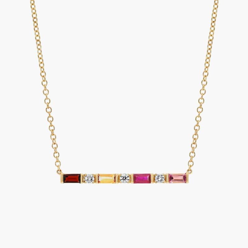 Personalized Baguette Cut Four Birthstone Bar Necklace With Lab-Grown Diamonds In 14K Yellow Gold