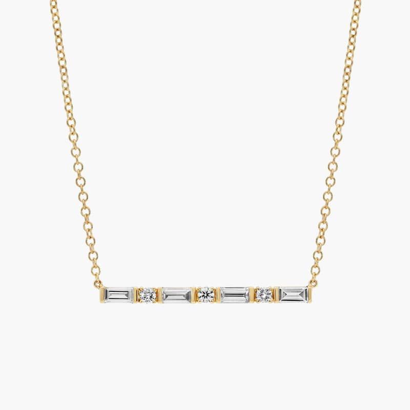 Diamond Bar Necklace With 0.75 CTW Round And Baguette Cut Lab-Grown Diamonds in 14K Yellow Gold