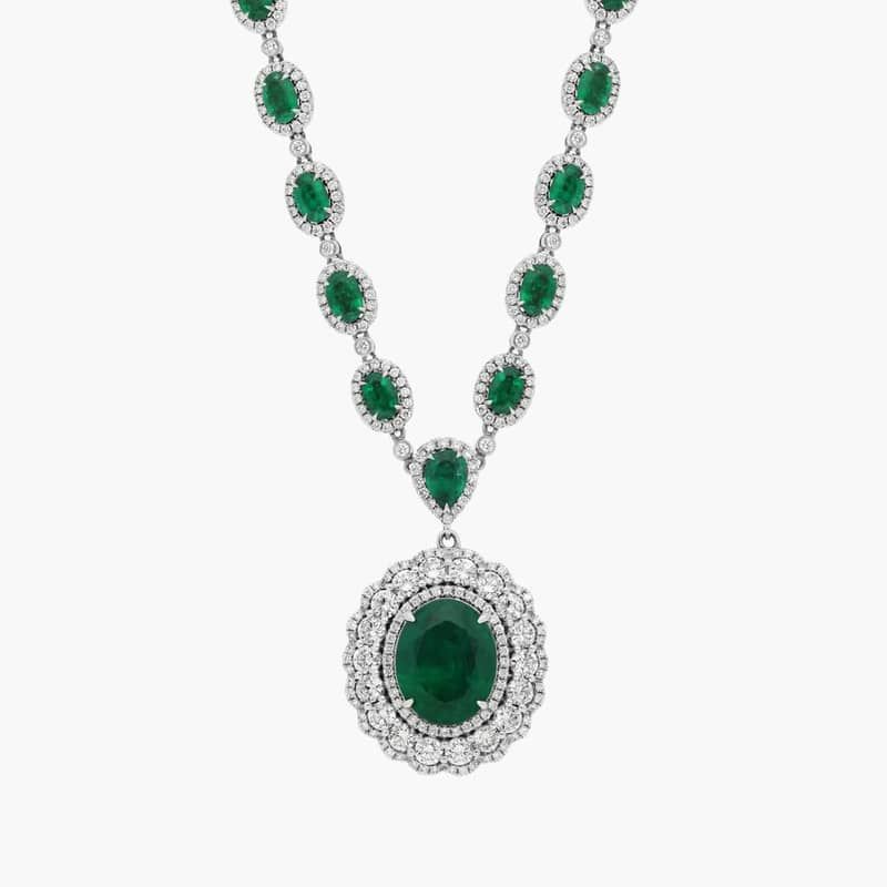 Emerald & Diamond Halo Drop Necklace with 8 CTW  Round Diamonds in 18K White Gold