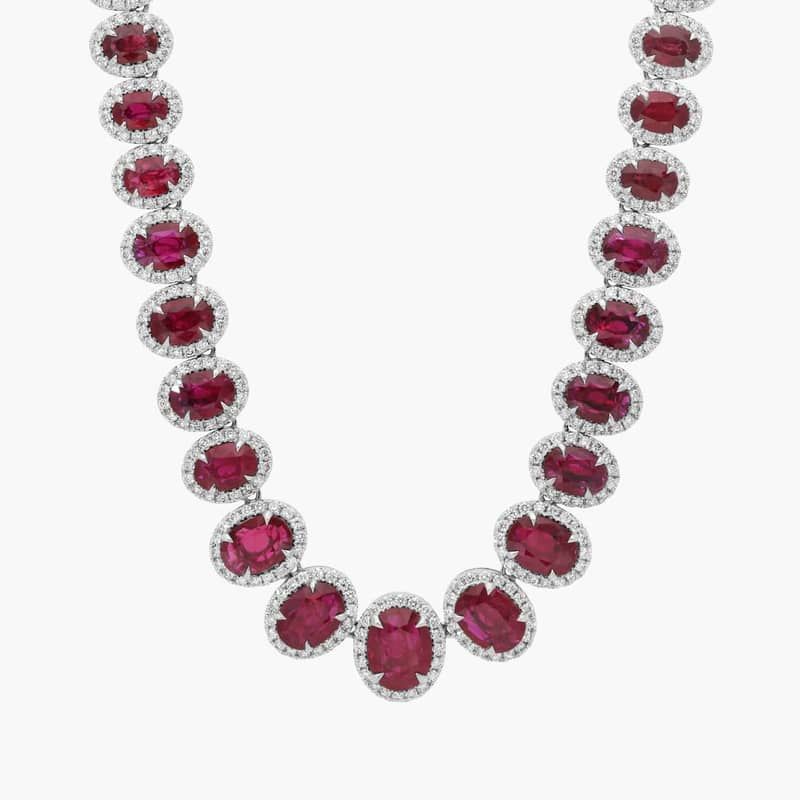 Oval Cut Ruby & Diamond Halo Necklace with 6.5 CTW Round Cut Diamonds in 18K White Gold