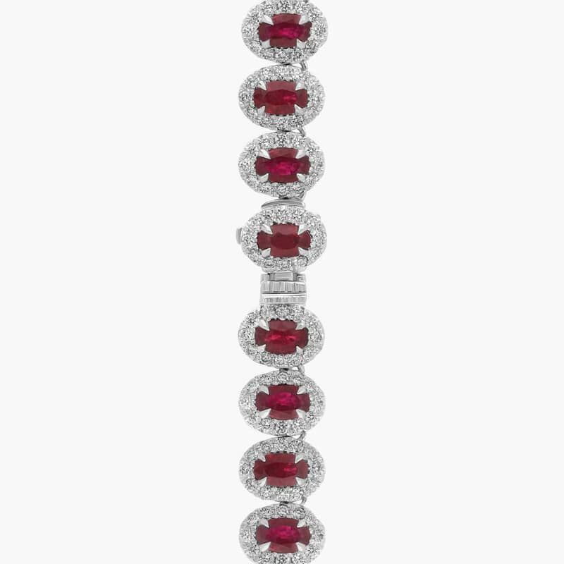 Oval Cut Ruby & Diamond Halo Necklace with 6.5 CTW Round Cut Diamonds in 18K White Gold