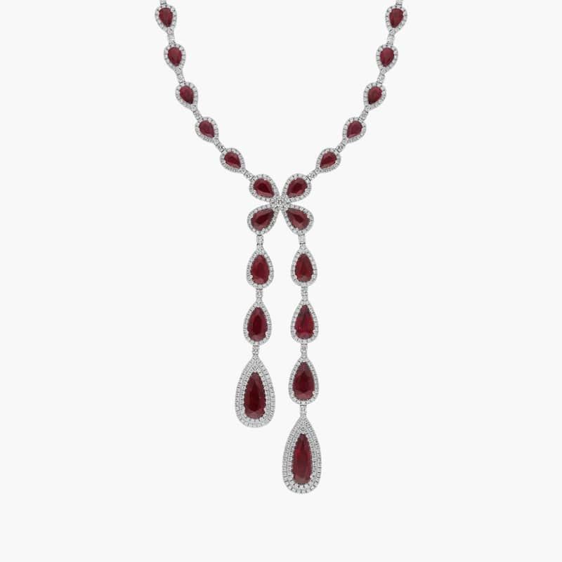 Pear Shaped Ruby & Diamond Halo Drop Necklace with 8 CTW Round Cut Diamonds in 18K White Gold