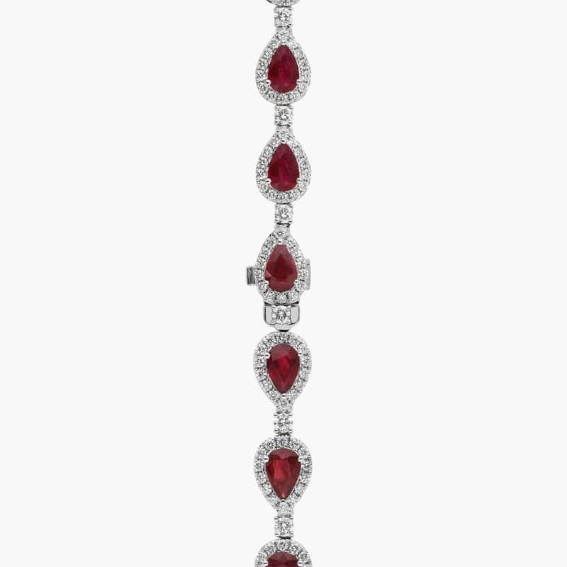 Pear Shaped Ruby & Diamond Halo Drop Necklace with 8 CTW Round Cut Diamonds in 18K White Gold