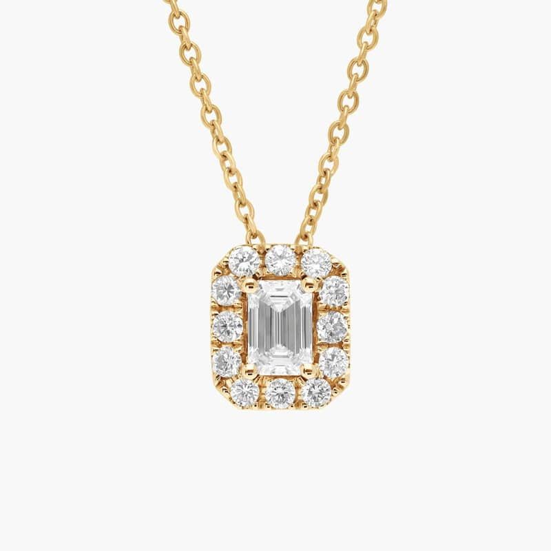 Emerald Shaped Diamond Halo Pendant with 0.75 CTW Emerald and Round Cut Lab-Grown Diamonds in 14K Yellow Gold