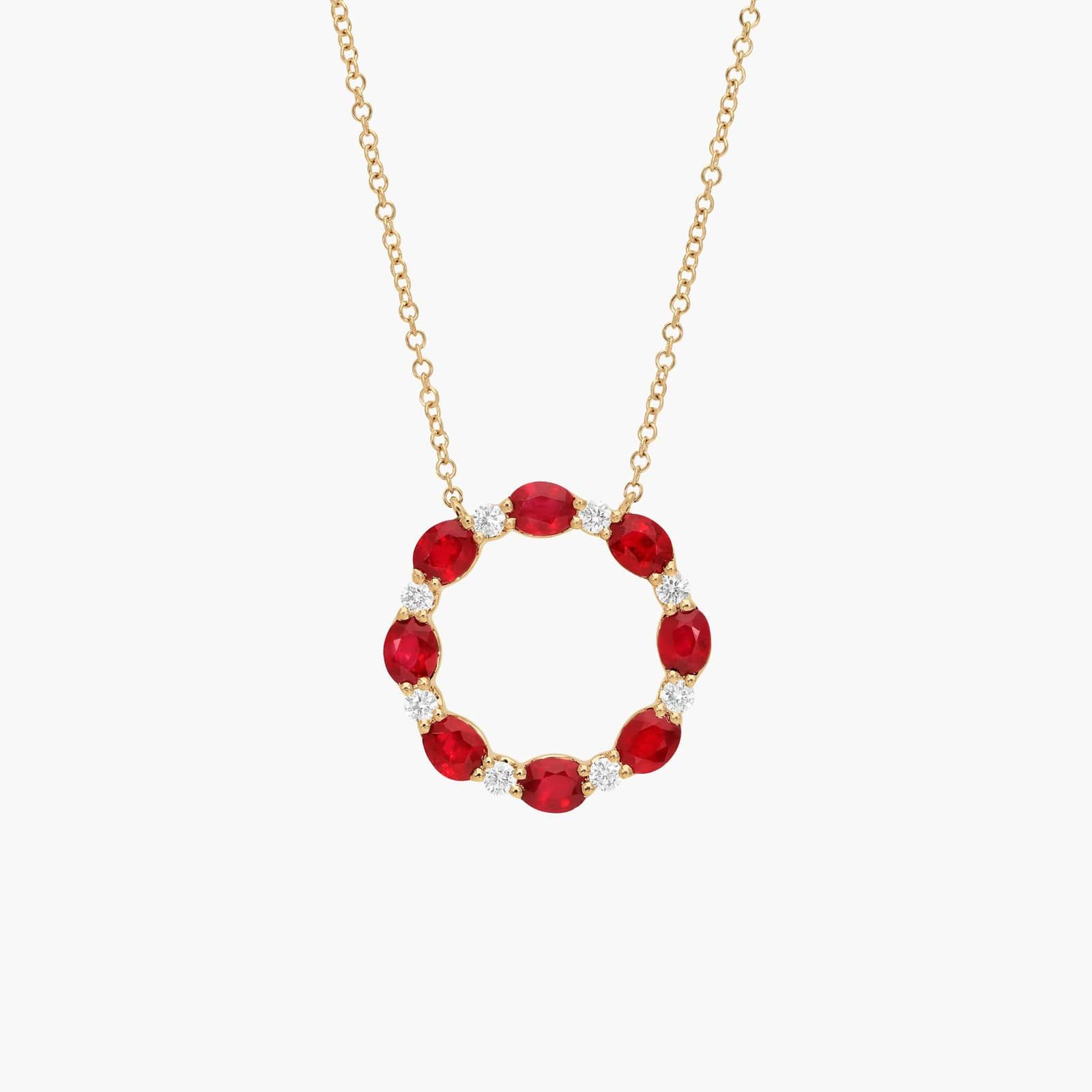 Ruby and Diamond Circle Necklace in 14K Yellow Gold