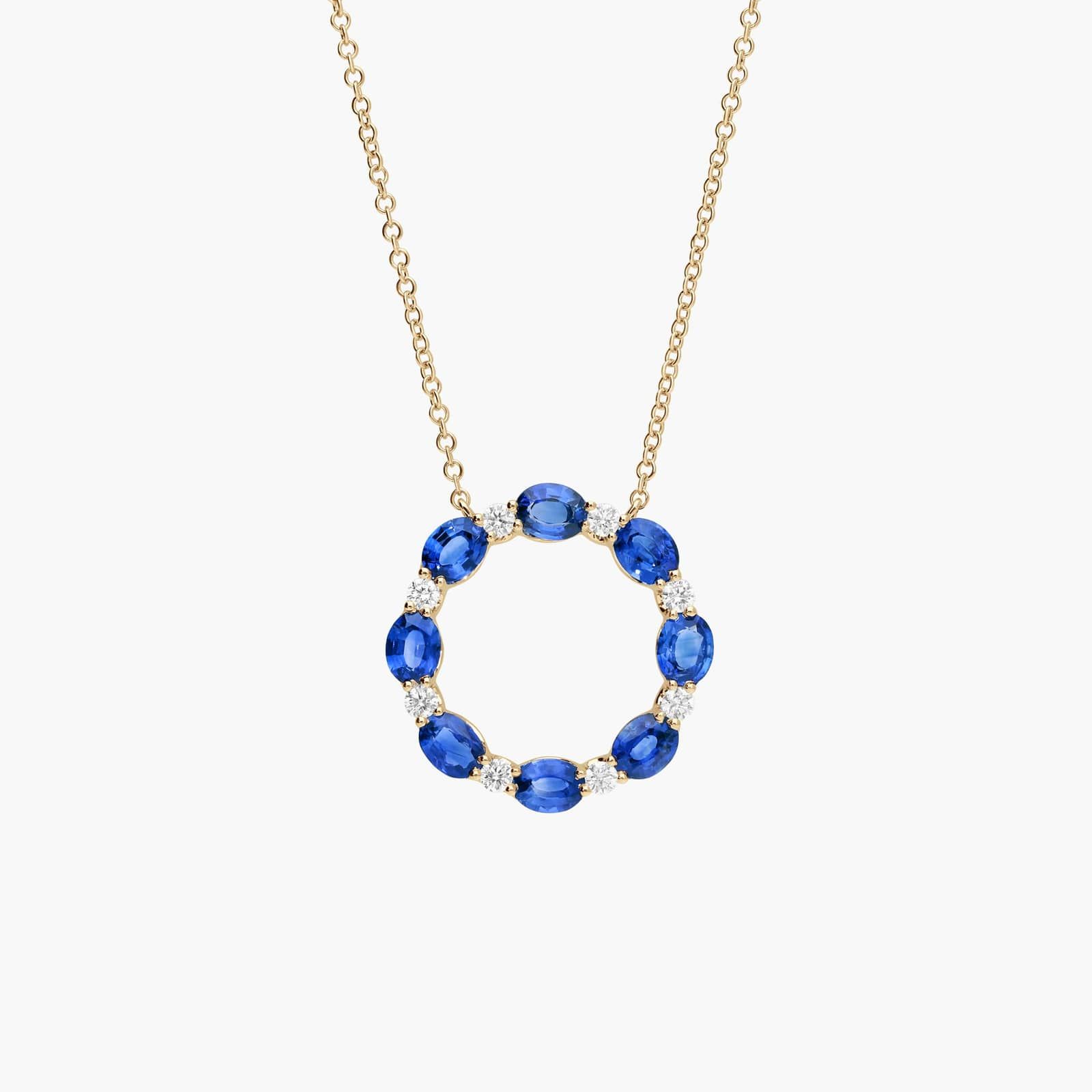 Blue Sapphire and Diamond Circle Necklace in 14K Yellow Gold
