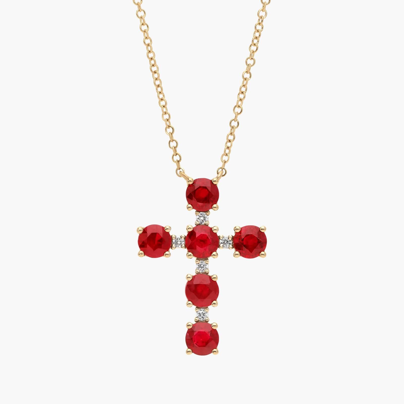 Ruby and Diamond Cross Necklace in 14K Yellow Gold