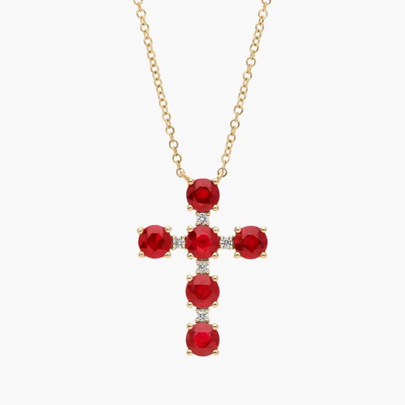 Ruby and Diamond Cross Necklace in 14K Yellow Gold