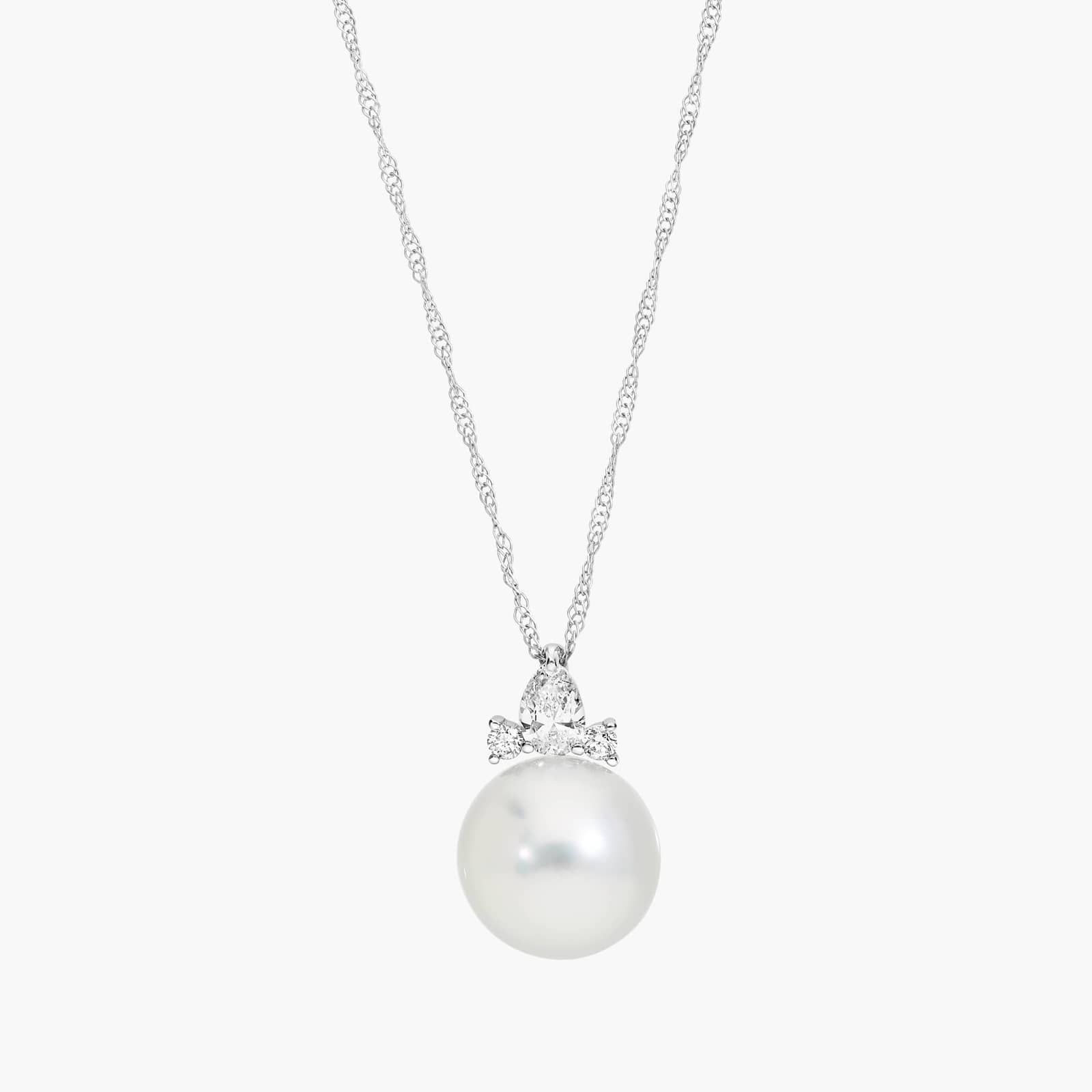 Pearl and Diamond Cluster Pendant Necklace with Pear and Round Diamonds in 14K White Gold