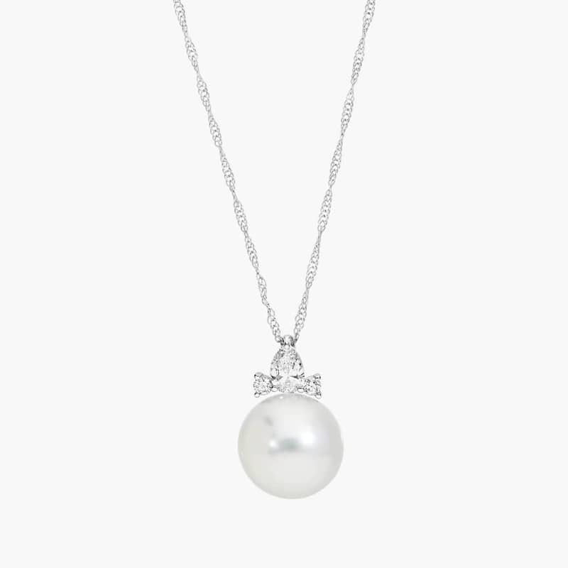 Pearl and Diamond Cluster Pendant Necklace with Pear and Round Diamonds in 14K White Gold