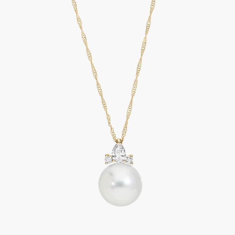 Pearl and Diamond Cluster Pendant Necklace with Pear and Round Diamonds in 14K Yellow Gold