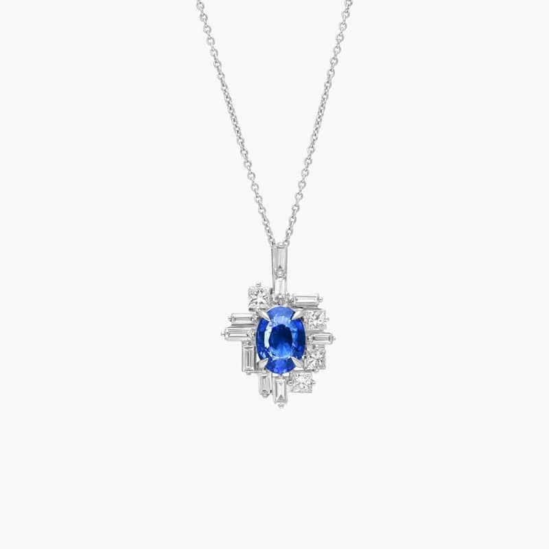 Baguette Cut Blue Sapphire And Diamond Cluster Pendant Necklace In 14K White Gold