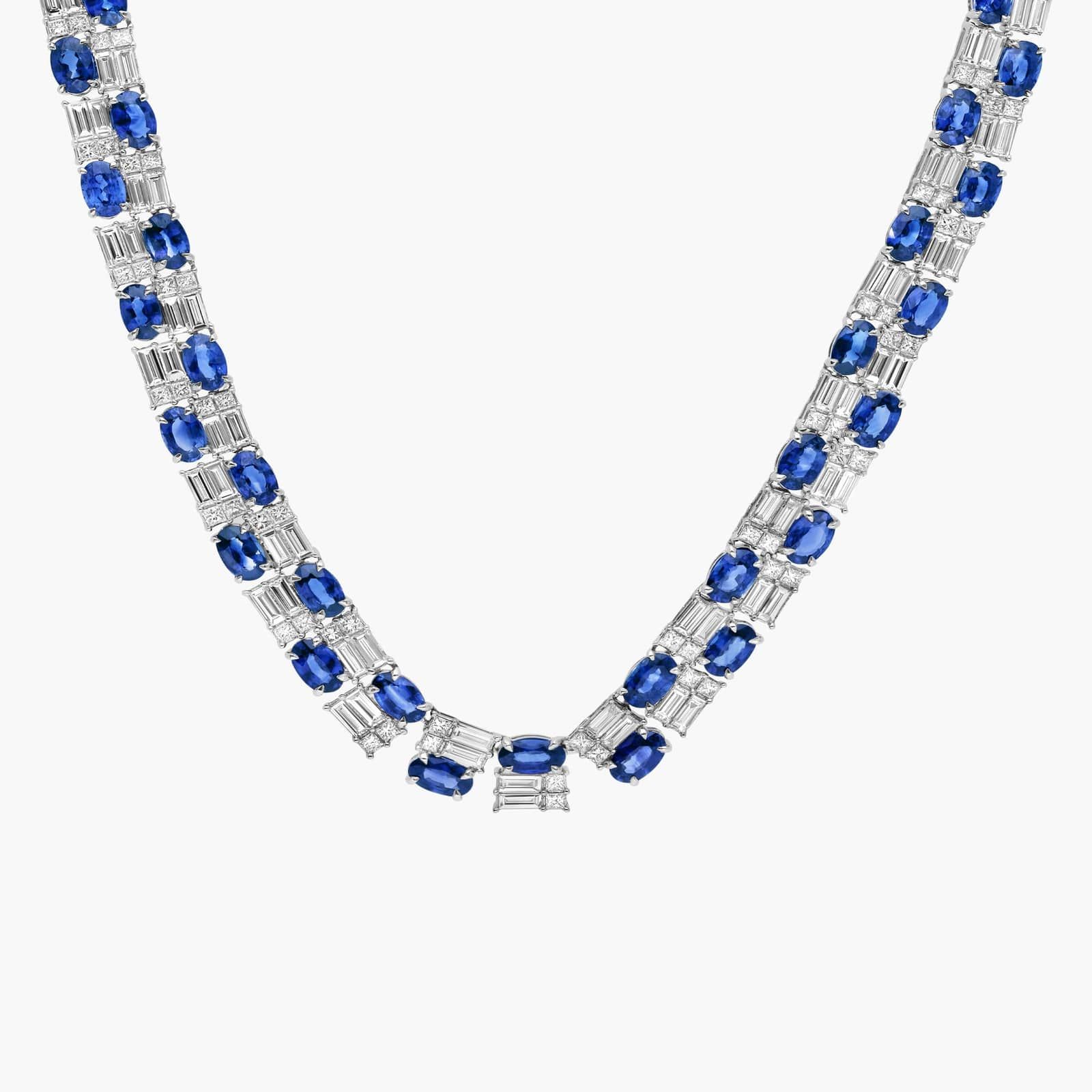 Alternating Baguette Cut Blue Sapphire And Diamond Tennis Necklace In 14K White Gold