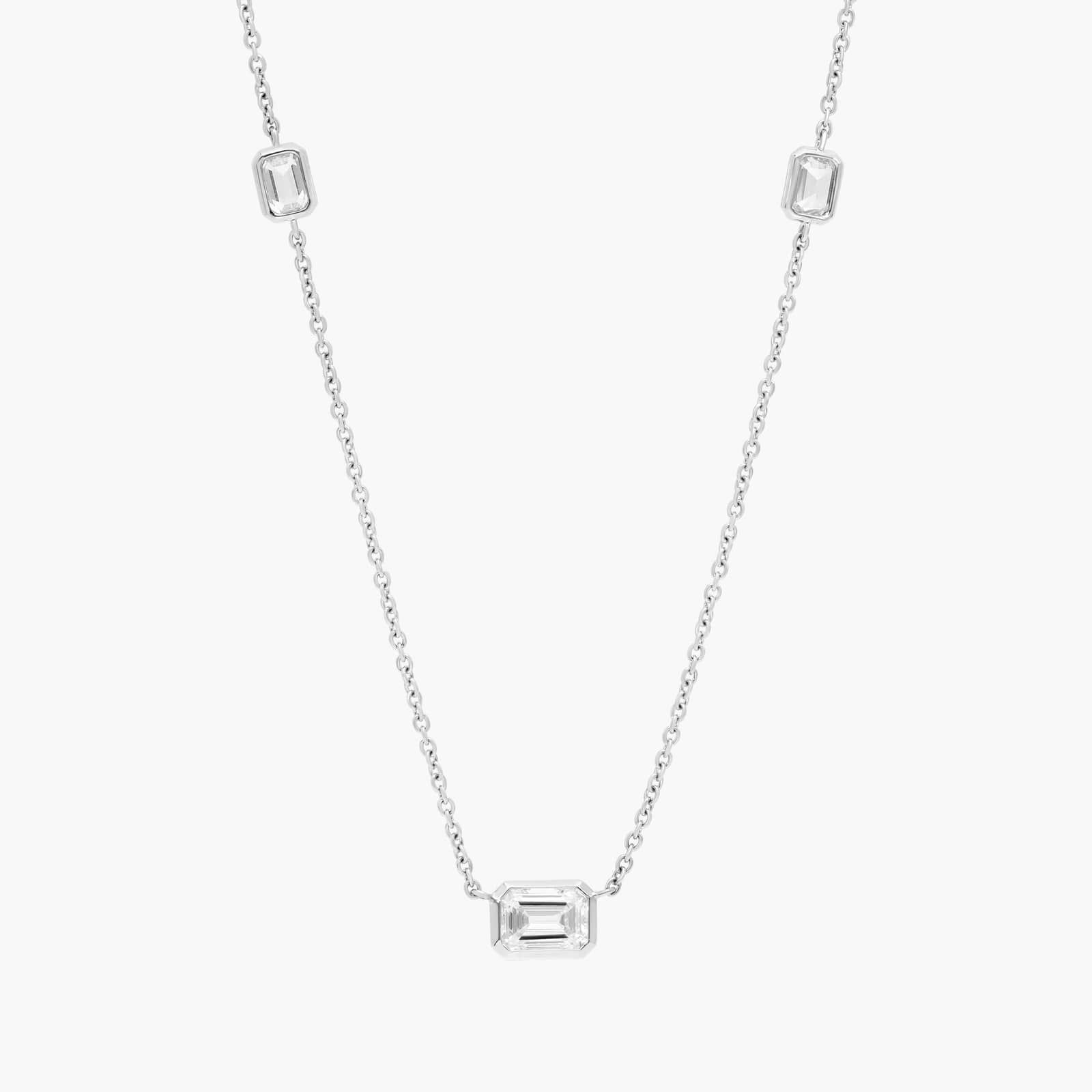 Emerald Pendant with Diamond Station Necklace with 2 CTW Emerald Cut Lab-Grown Diamonds in 14K White Gold Bezel Setting