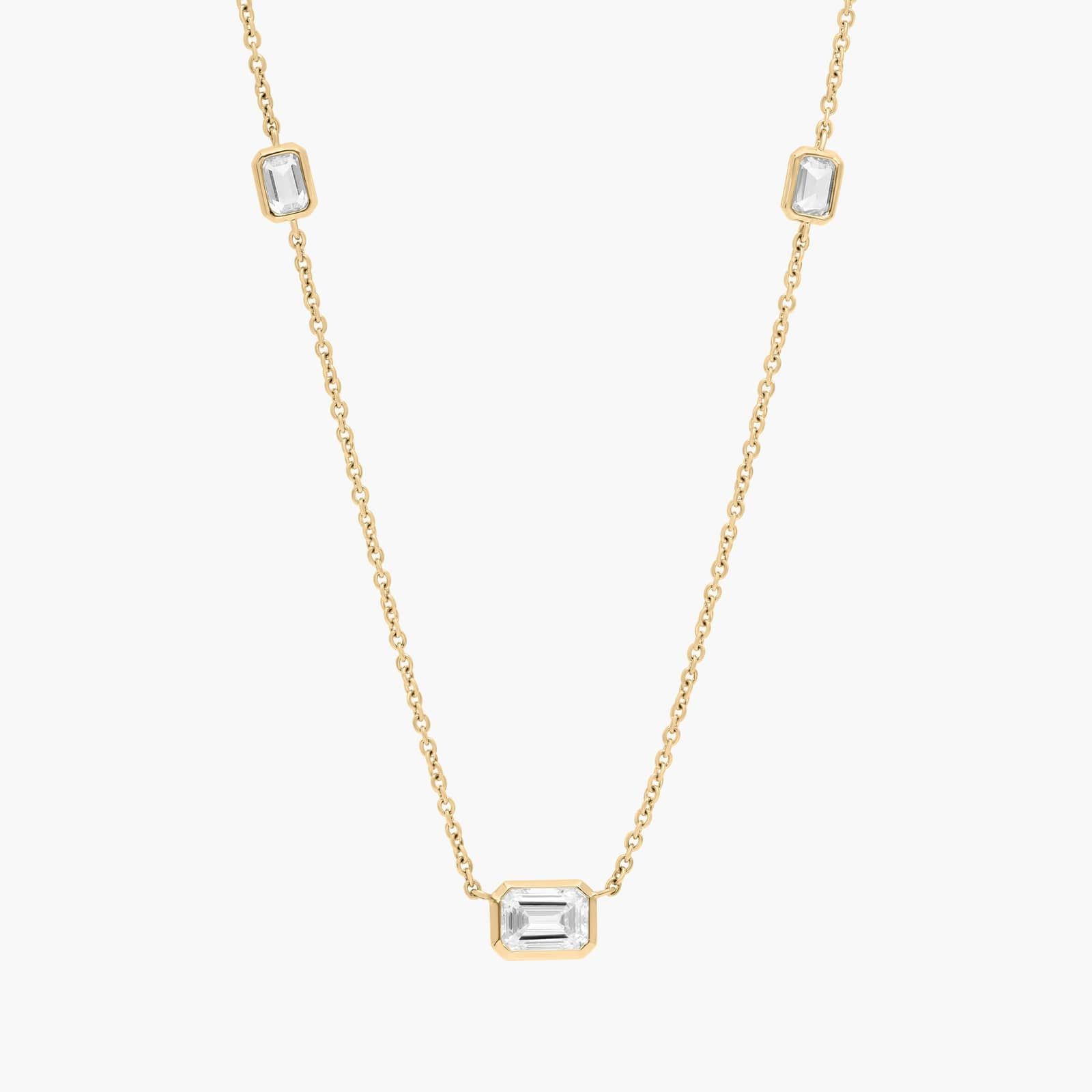 Emerald Pendant with Diamond Stations Necklace with 2 CTW Emerald Cut Lab-Grown Diamonds in 14K Yellow Gold Bezel Setting