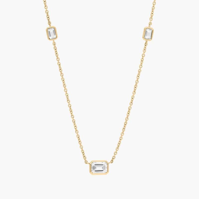 Emerald Pendant with Diamond Stations Necklace with 2 CTW Emerald Cut Lab-Grown Diamonds in 14K Yellow Gold Bezel Setting