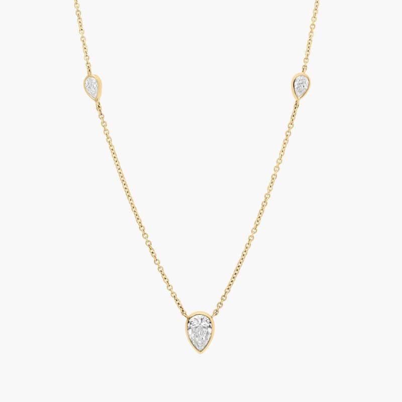 Pear Pendant with Diamond Stations Necklace with 2 CTW Pear Shaped Lab-Grown Diamonds in 14K Yellow Gold Bezel Setting
