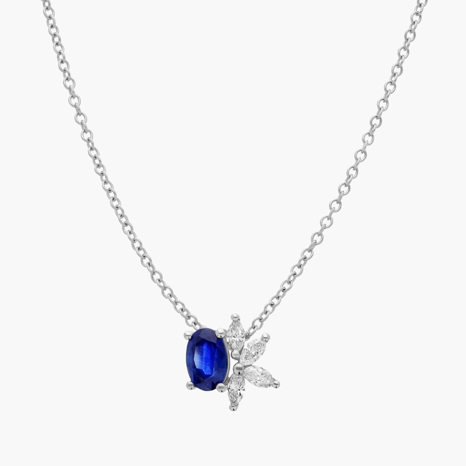 Blue Sapphire and Diamond Pendant Necklace in 14K White Gold