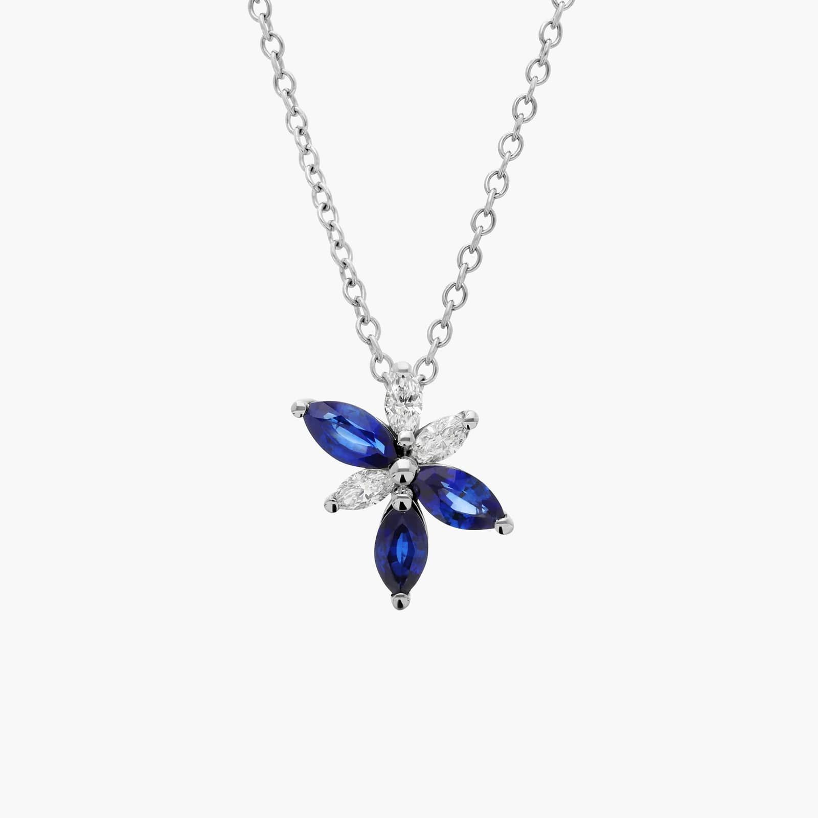 Marquise Cut Blue Sapphire and Diamond Pendant Necklace in 14K White Gold