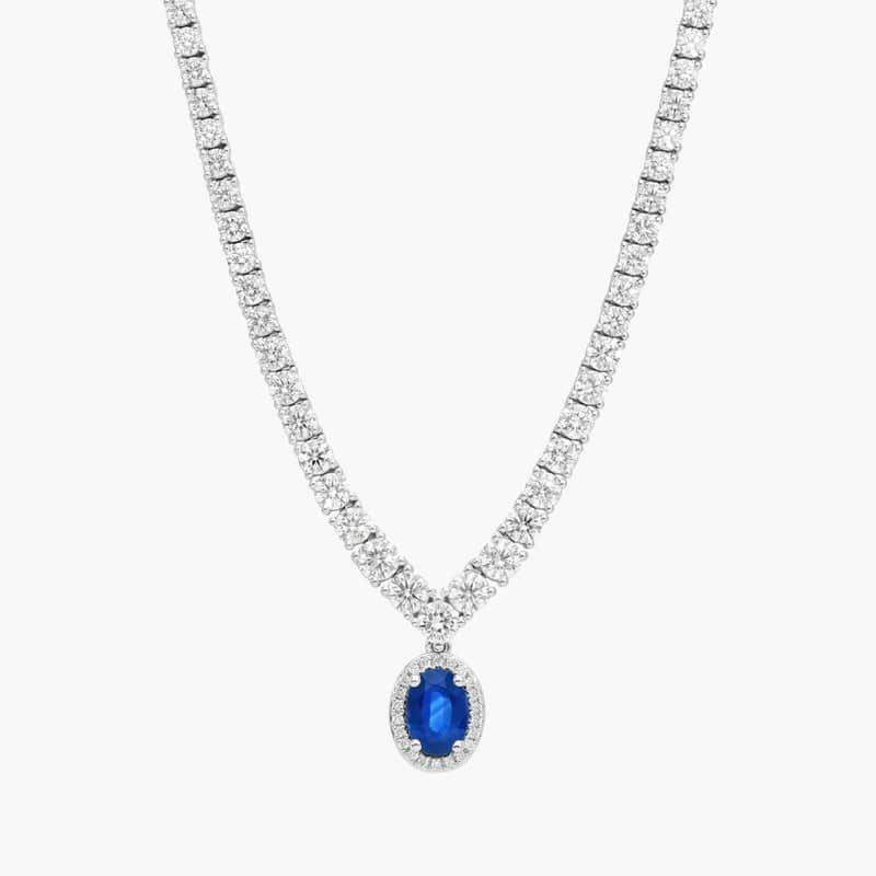Oval Blue Sapphire Drop Necklace with Diamonds with 5 CTW Round Diamonds in 14K White Gold