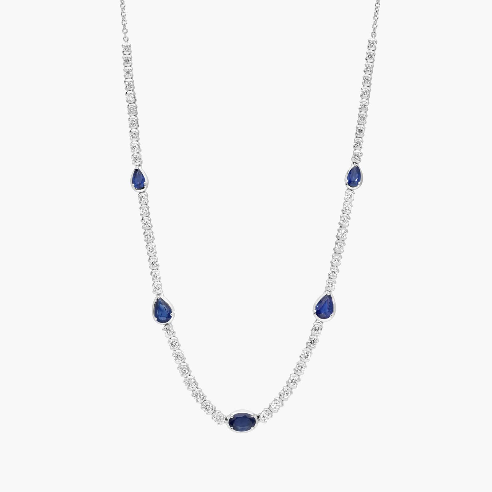 Necklace with Oval and Pear Blue Sapphire Stations and 1.5 CTW Round Cut Lab-Grown Diamonds in 14K White Gold