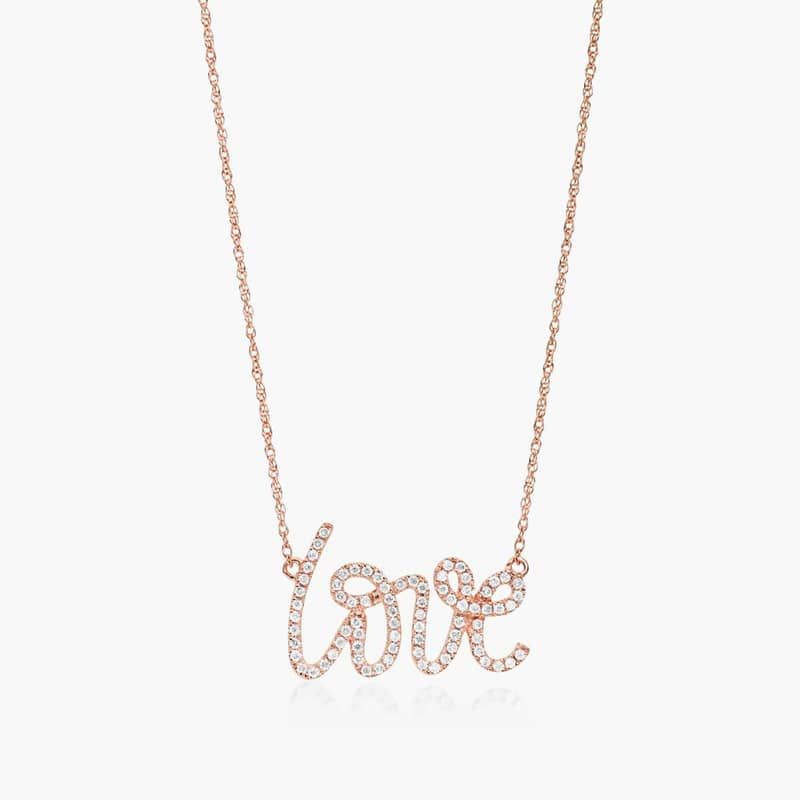 Pavé Diamond Script Love Necklace In 14K Rose Gold