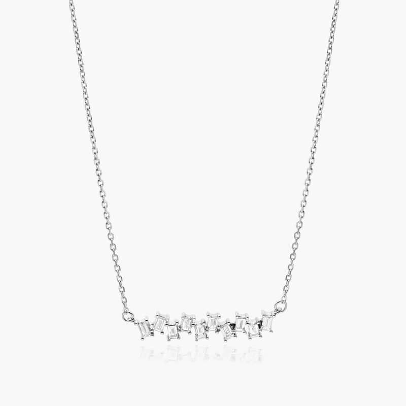 Cluster Diamond Necklace With Baguette Cut Diamonds In 14K White Gold