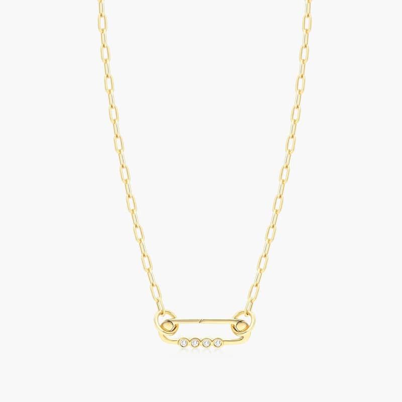 Oval Diamond Push Lock On Paperclip Split Chain Necklace In 14K Yellow Gold