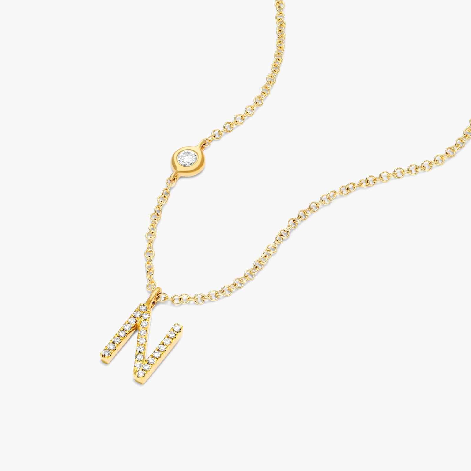 Initial N Diamond Necklace In 14K Yellow Gold