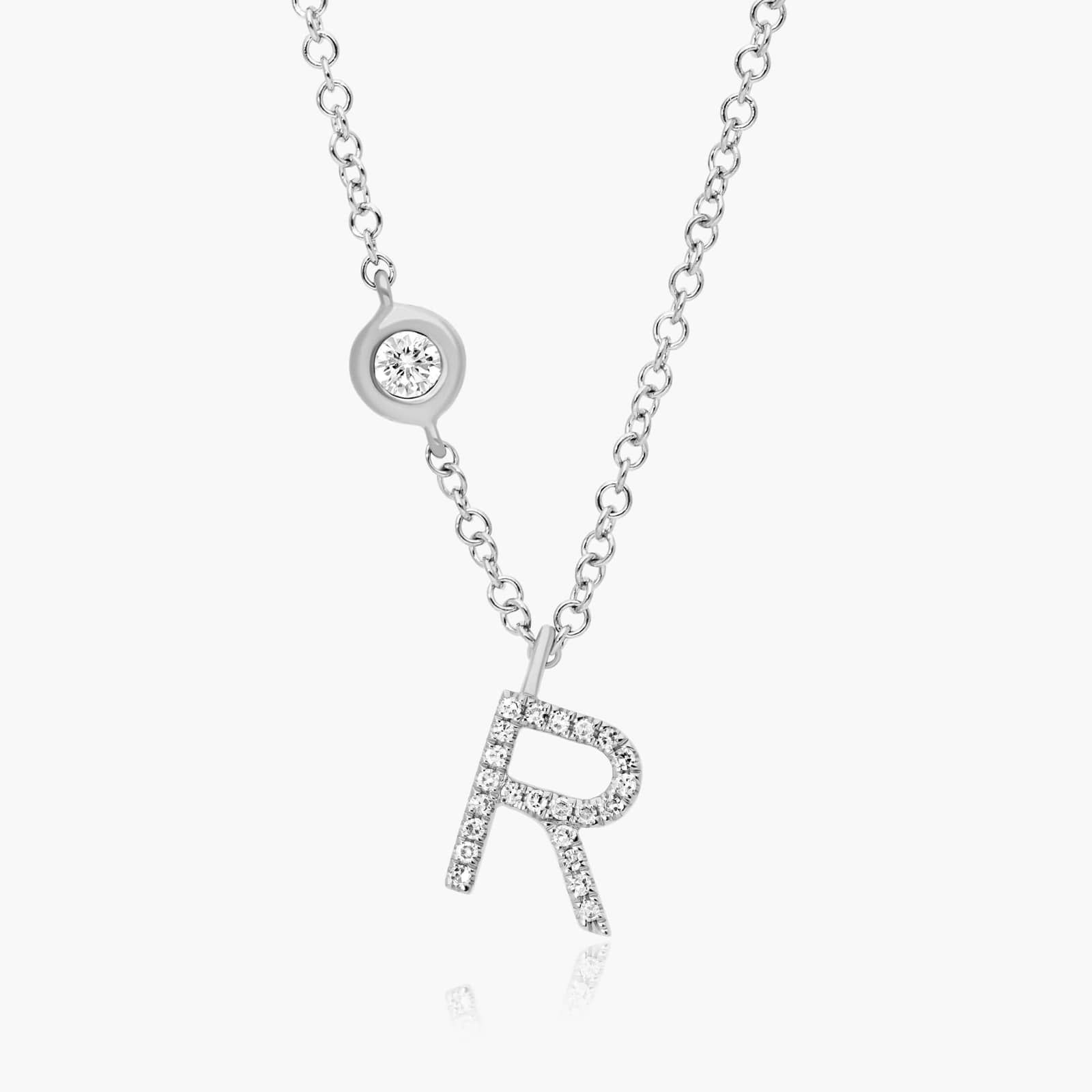 Initial R Diamond Necklace In 14K White Gold