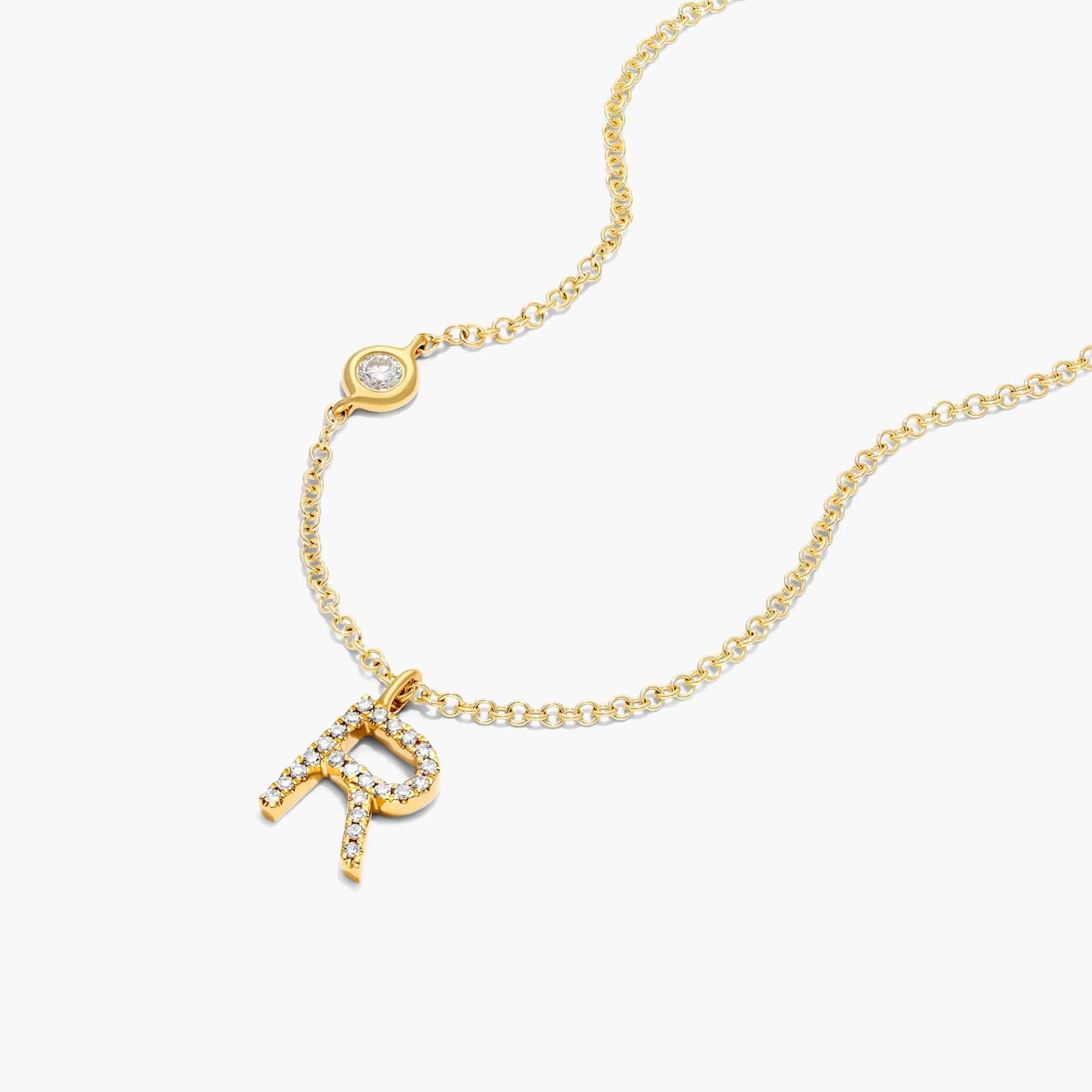 Initial R Diamond Necklace In 14K Yellow Gold