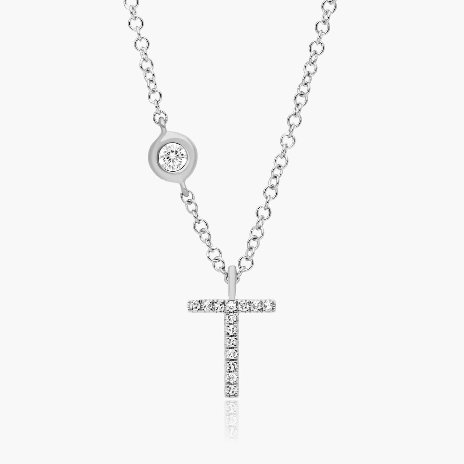 Initial T Diamond Necklace In 14K White Gold