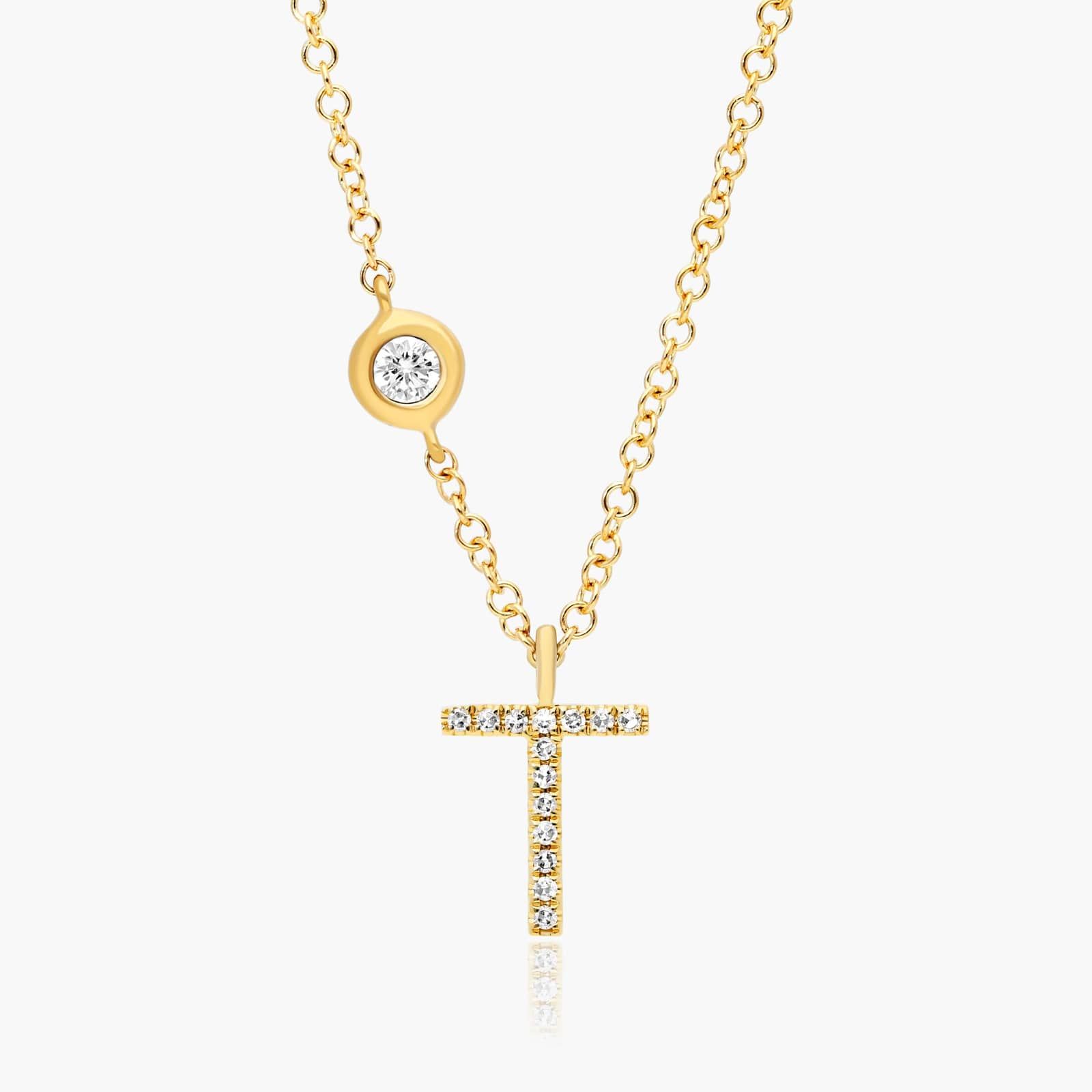 Initial T Diamond Necklace In 14K Yellow Gold