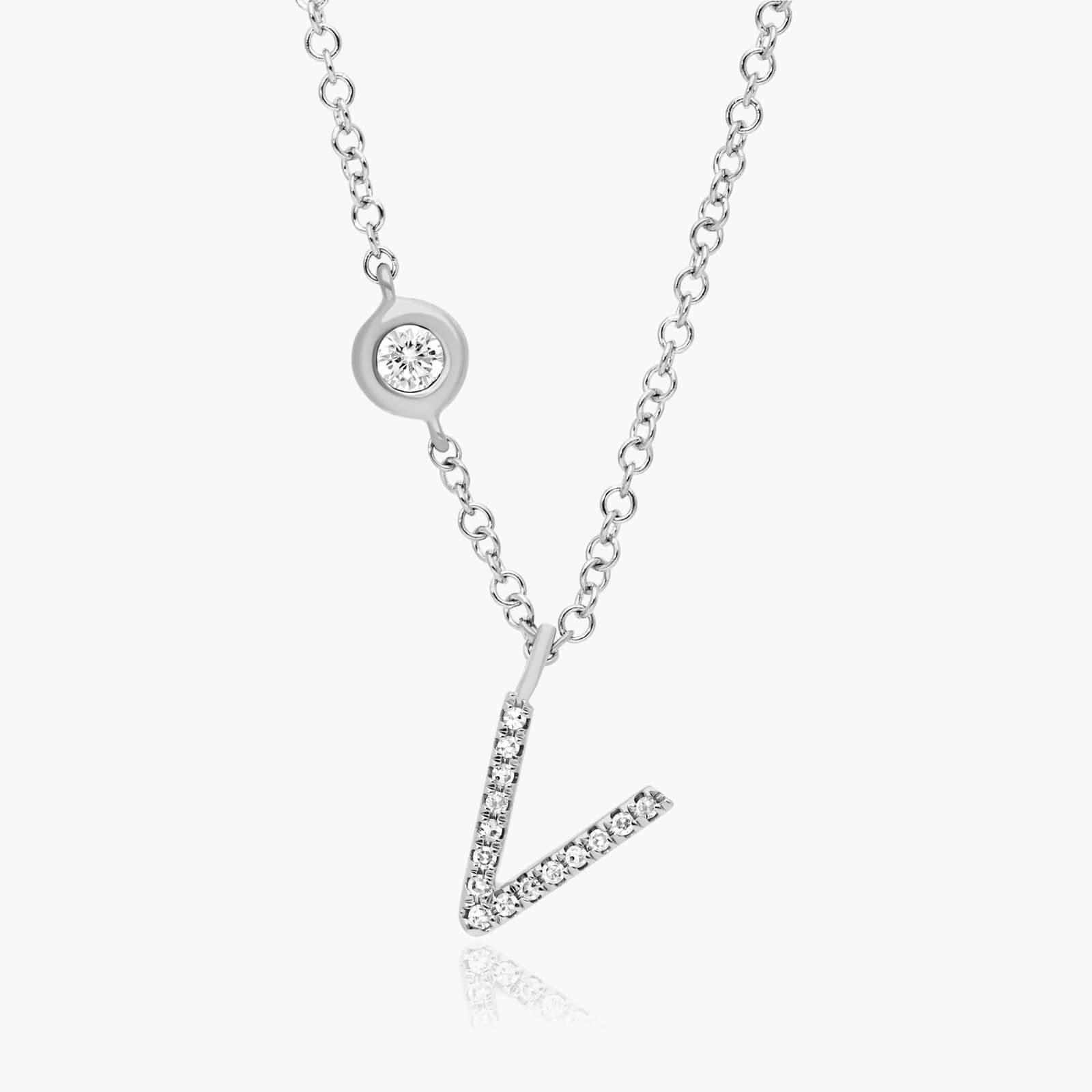 Initial V Diamond Necklace In 14K White Gold